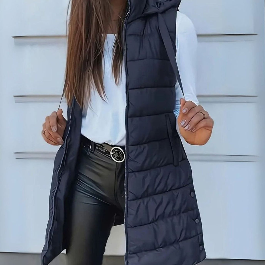 Women's Longline Hooded Sleeveless Puffer Gilet - Navy Blue