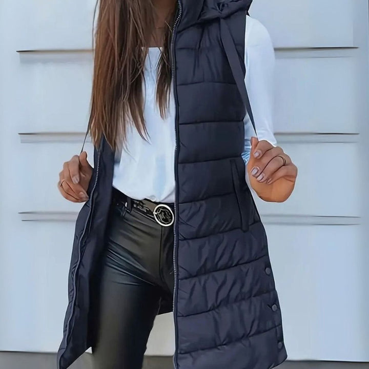 Women's Longline Hooded Sleeveless Puffer Gilet - Navy Blue