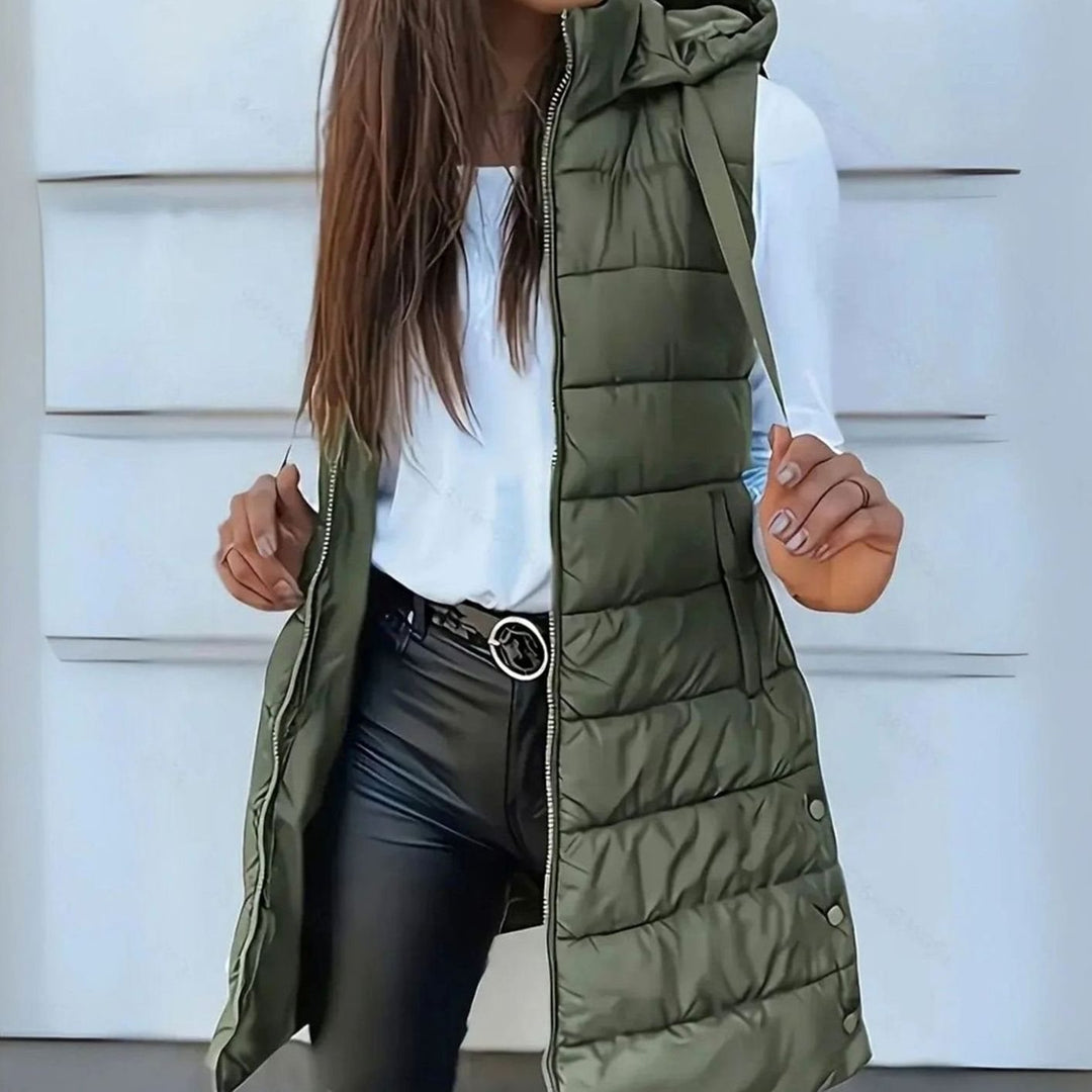 Women's Longline Hooded Sleeveless Puffer Gilet - Olive Green