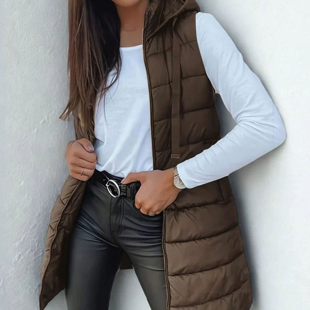 Women's Longline Hooded Sleeveless Puffer Gilet - Brown