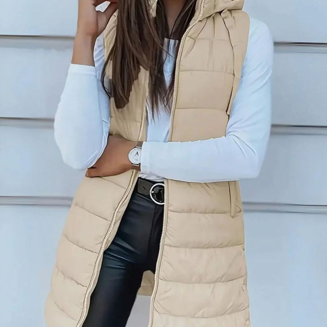 Women's Longline Hooded Sleeveless Puffer Gilet - Beige