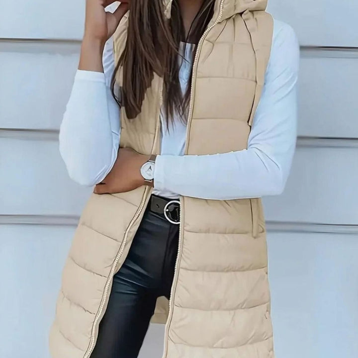 Women's Longline Hooded Sleeveless Puffer Gilet - Beige