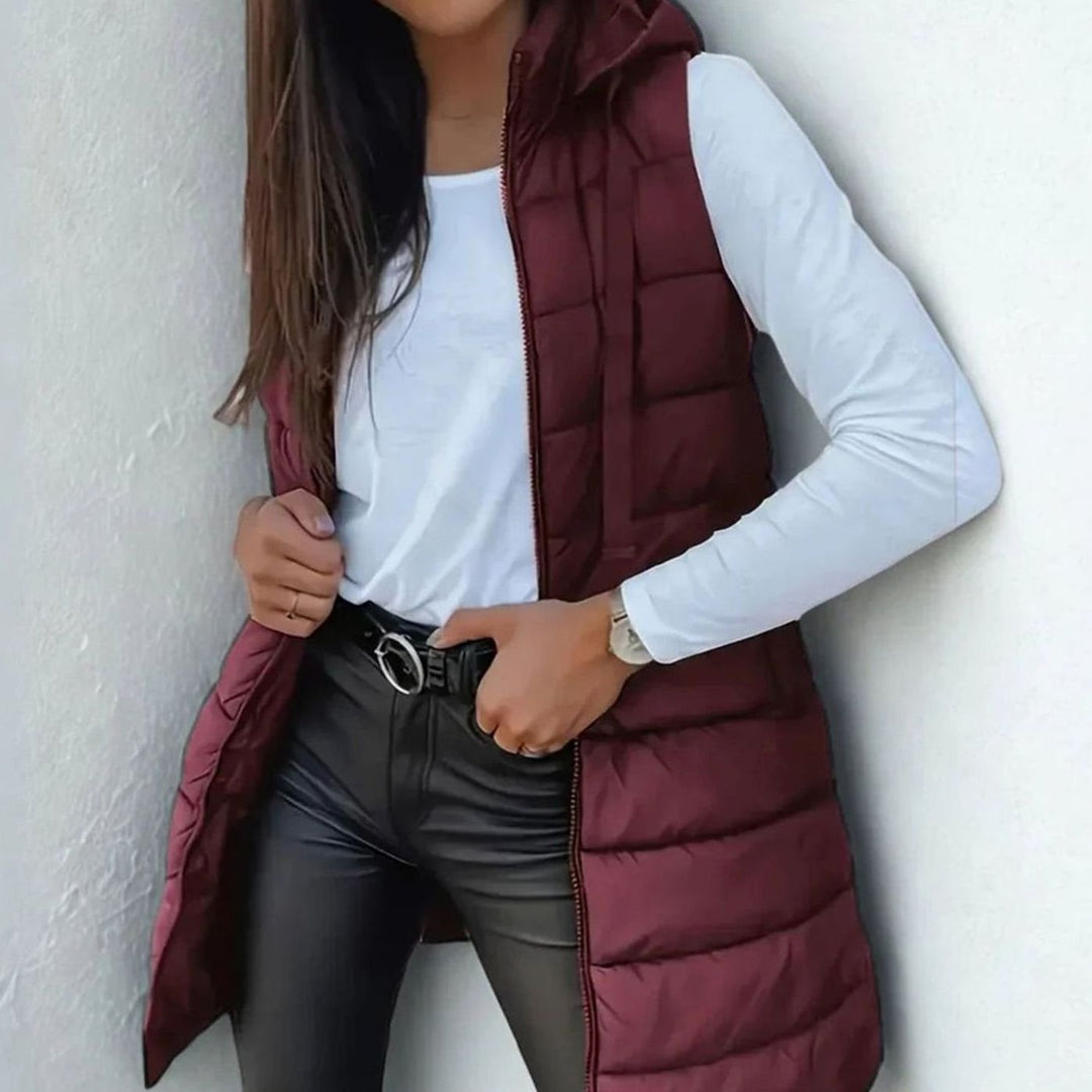 Women's Longline Hooded Sleeveless Puffer Gilet - Chestnut Brown