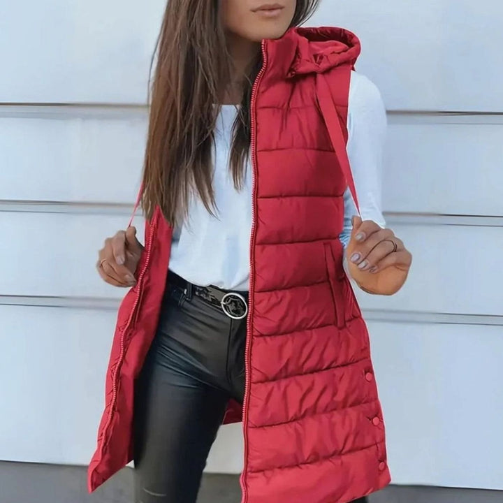 Women's Longline Hooded Sleeveless Puffer Gilet - Red