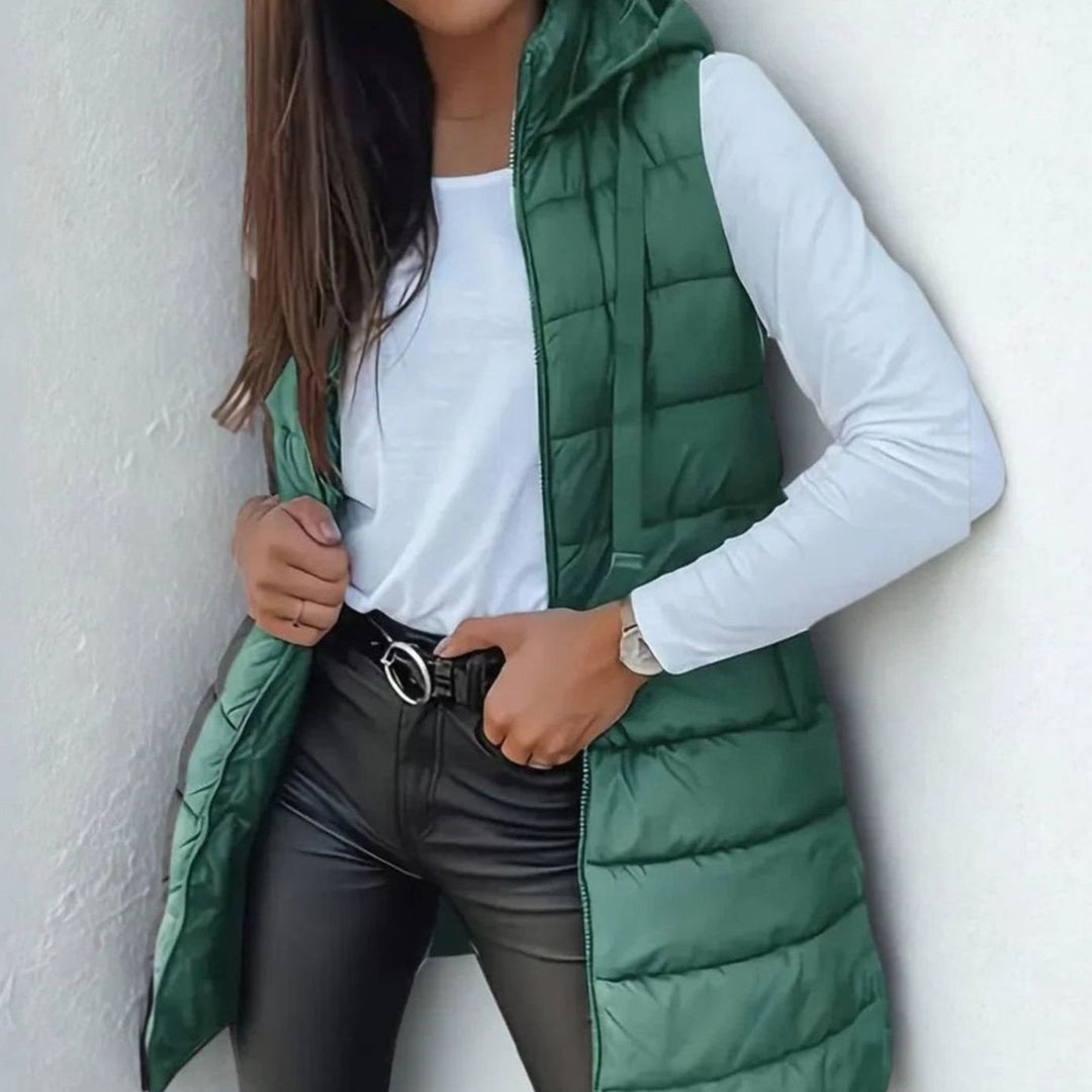 Women's Longline Hooded Sleeveless Puffer Gilet - Green
