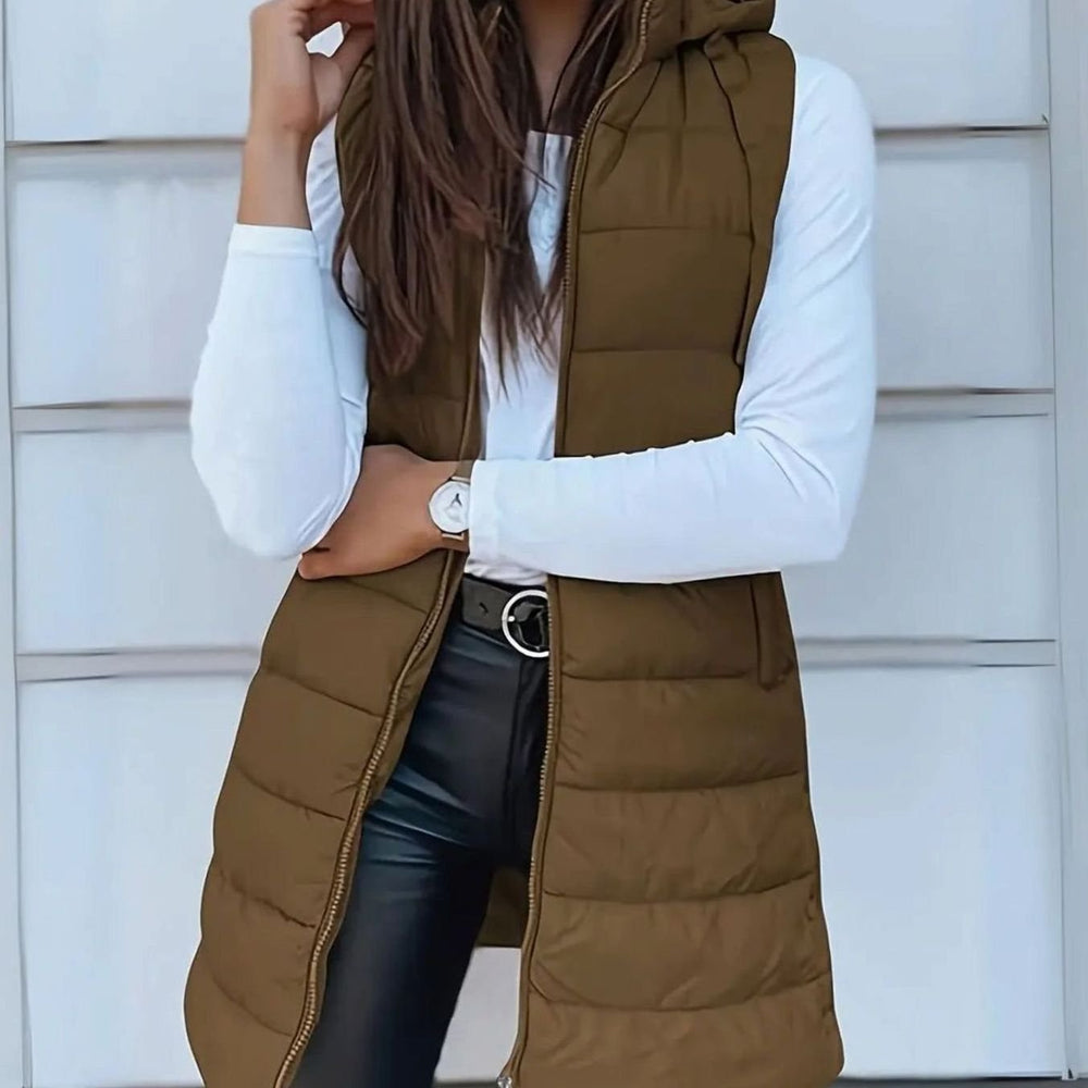 Women's Longline Hooded Sleeveless Puffer Vest - Khaki