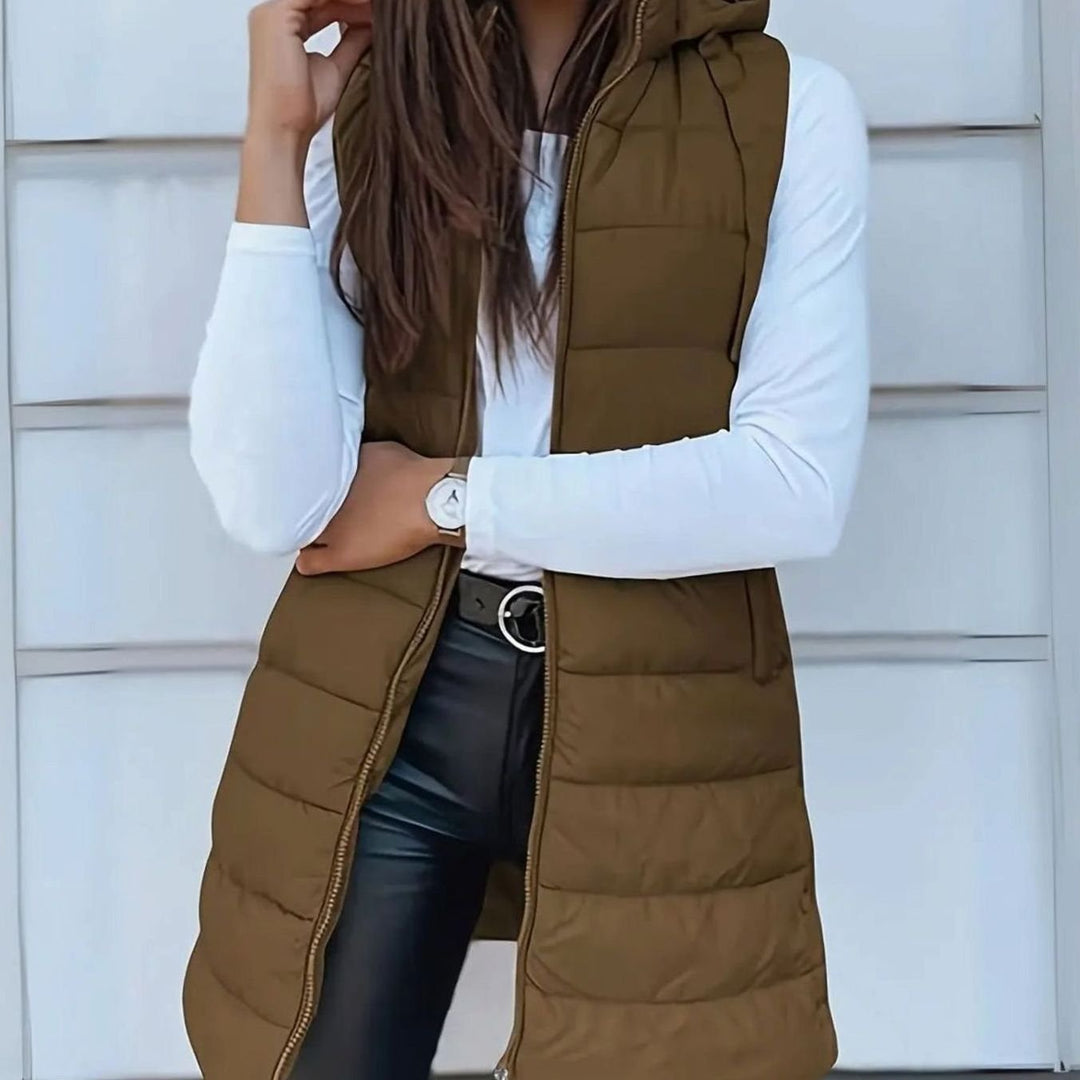 Women's Longline Hooded Sleeveless Puffer Vest - Khaki