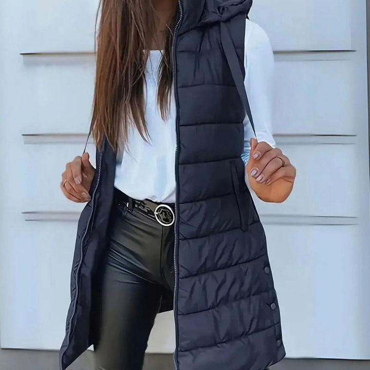 Women's Longline Hooded Sleeveless Puffer Vest - Navy Blue