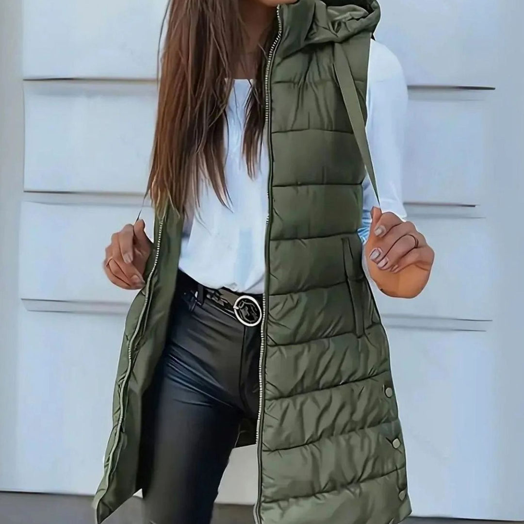 Women's Longline Hooded Sleeveless Puffer Vest - Olive Green