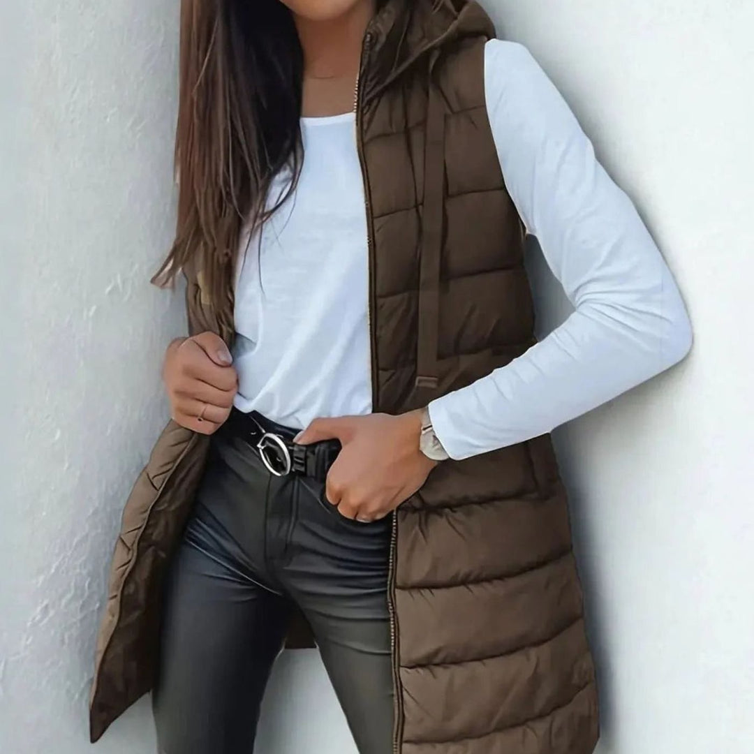 Women's Longline Hooded Sleeveless Puffer Vest - Brown