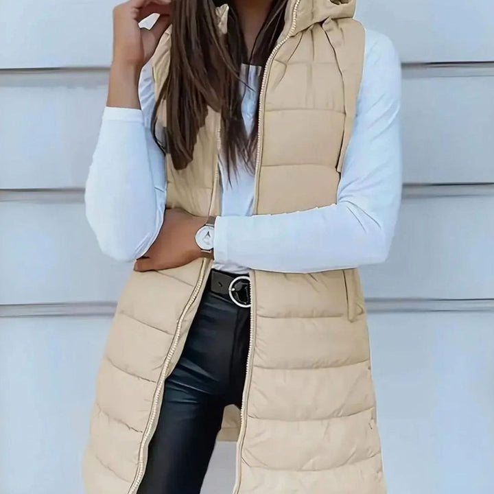 Women's Longline Hooded Sleeveless Puffer Vest - Beige