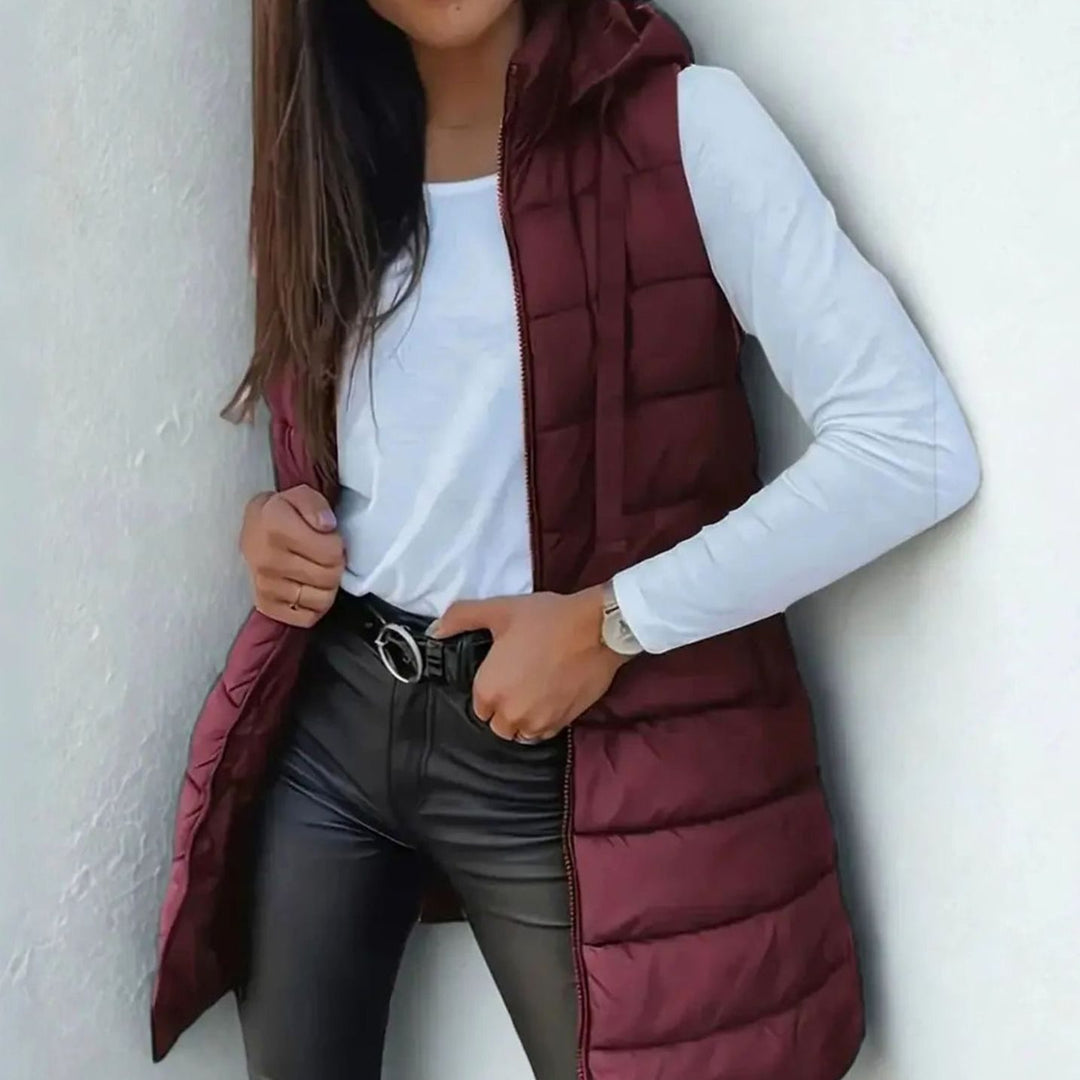 Women's Longline Hooded Sleeveless Puffer Vest - Chestnut Brown