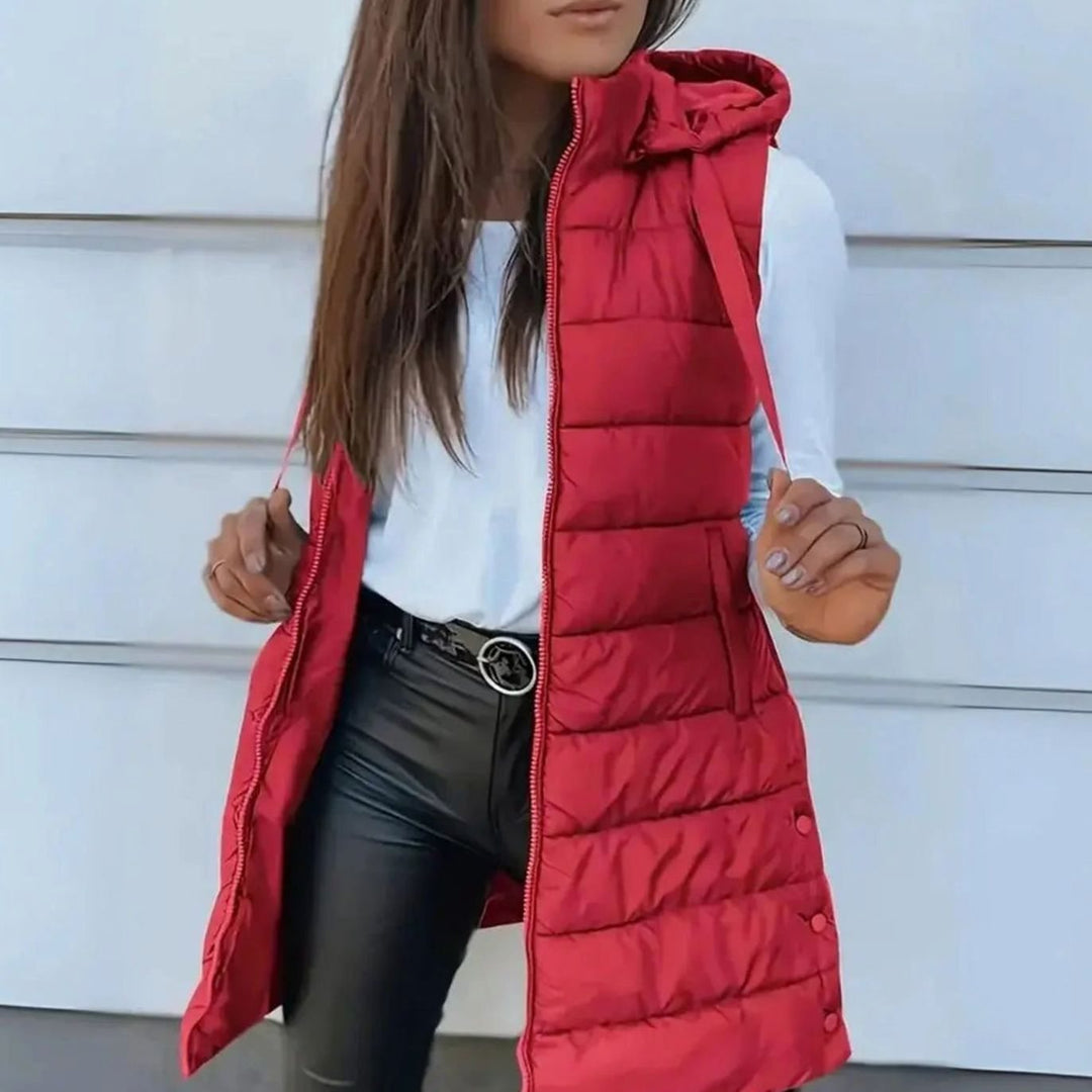 Women's Longline Hooded Sleeveless Puffer Vest - Red