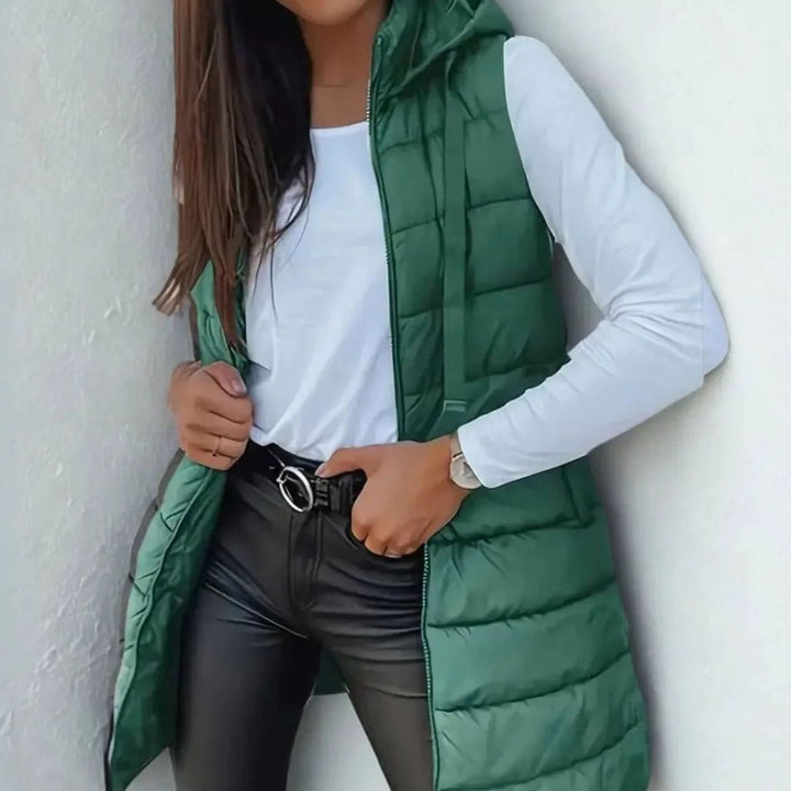 Women's Longline Hooded Sleeveless Puffer Vest - Green