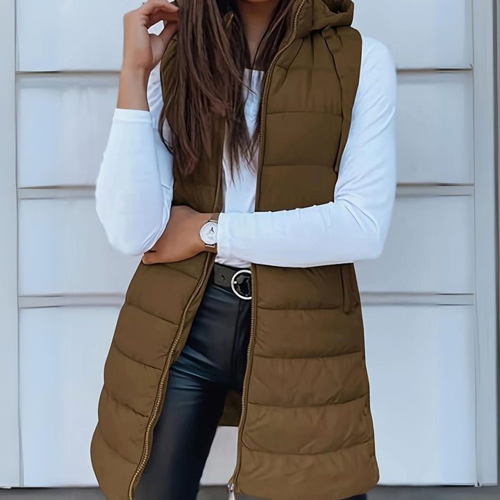 Women's Longline Hooded Sleeveless Quilted Puffer Gilet - Khaki