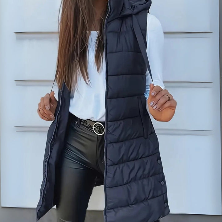Women's Longline Hooded Sleeveless Quilted Puffer Gilet - Navy Blue