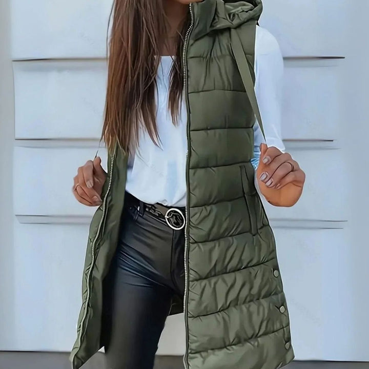 Women's Longline Hooded Sleeveless Quilted Puffer Gilet - Olive Green