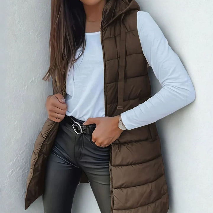 Women's Longline Hooded Sleeveless Quilted Puffer Gilet - Brown