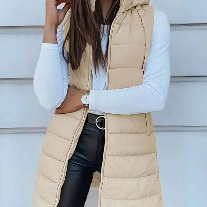 Women's Longline Hooded Sleeveless Quilted Puffer Gilet - Beige