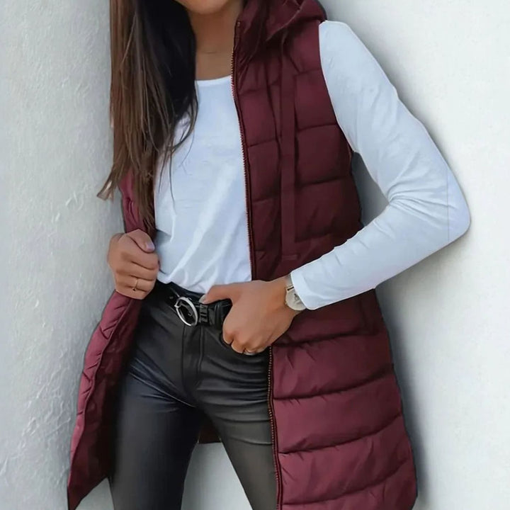 Women's Longline Hooded Sleeveless Quilted Puffer Gilet - Chestnut Brown