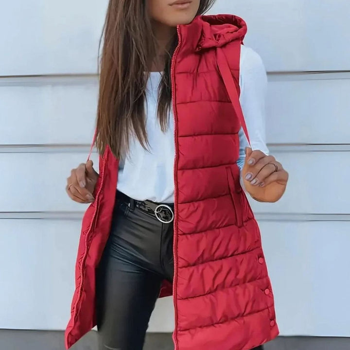 Women's Longline Hooded Sleeveless Quilted Puffer Gilet - Red