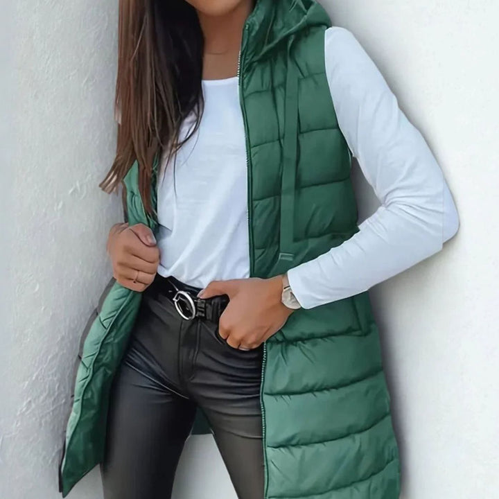 Women's Longline Hooded Sleeveless Quilted Puffer Gilet - Green