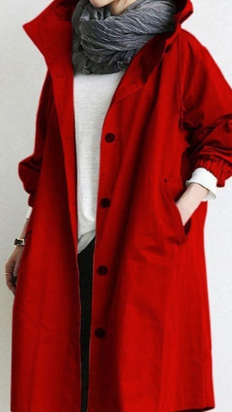 Women's Longline Hooded Trench Coat, Black - Red