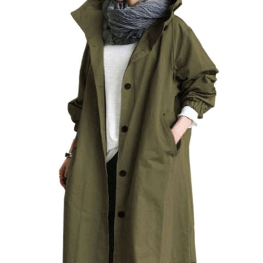 Women's Longline Hooded Trench Coat, Black - Army Green
