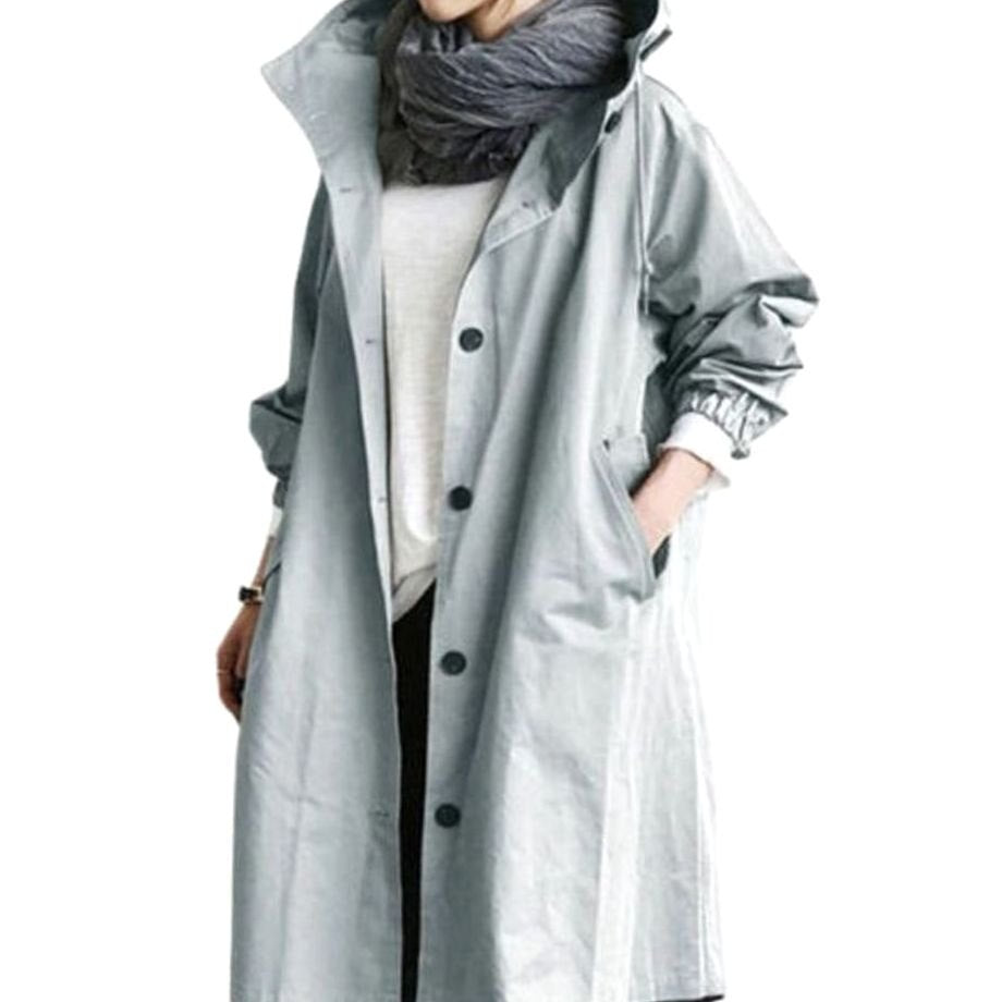 Women's Longline Hooded Trench Coat, Black - Light Blue