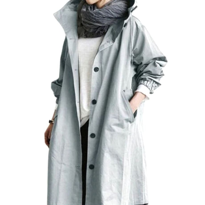 Women's Longline Hooded Trench Coat, Black - Light Blue