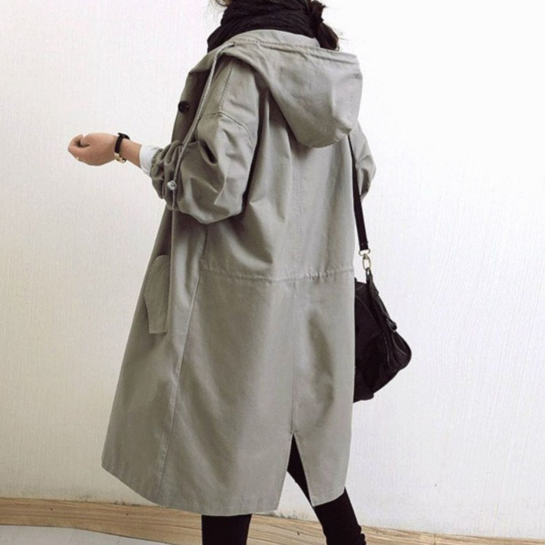 Women's Longline Hooded Trench Coat, Black - Grey