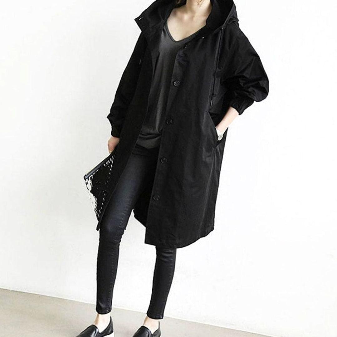 Women's Longline Hooded Trench Coat, Black - Black