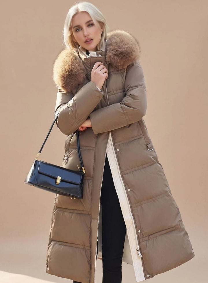 Women's Longline Padded Coat Quilted Faux Fur Hood - Coffee