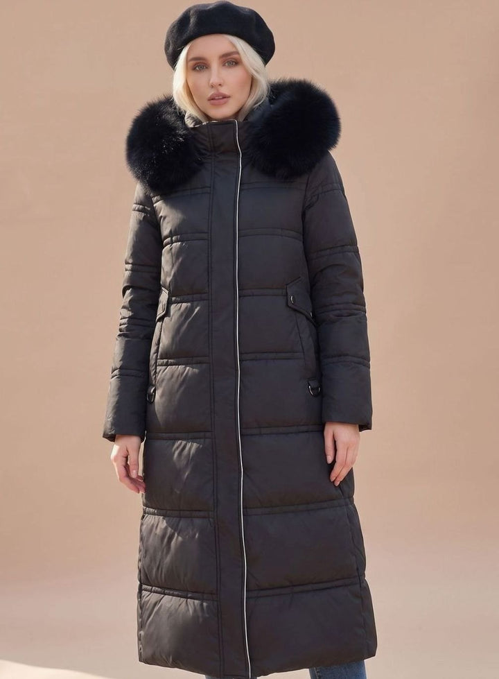 Women's Longline Padded Coat Quilted Faux Fur Hood - Black