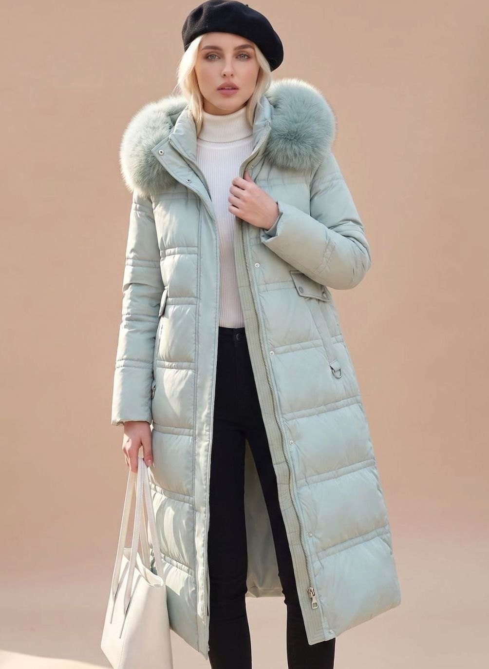 Women's Longline Padded Coat Quilted Faux Fur Hood - Blue