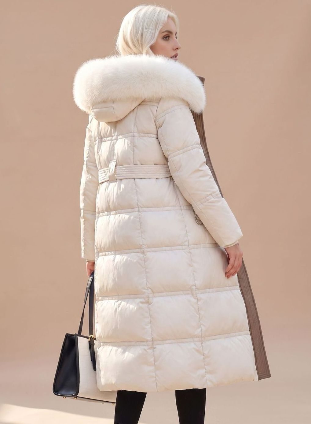Women's Longline Padded Coat Quilted Faux Fur Hood - White