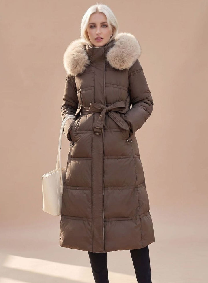 Women's Longline Padded Coat Quilted Faux Fur Hood - Coffee with Beige Collar