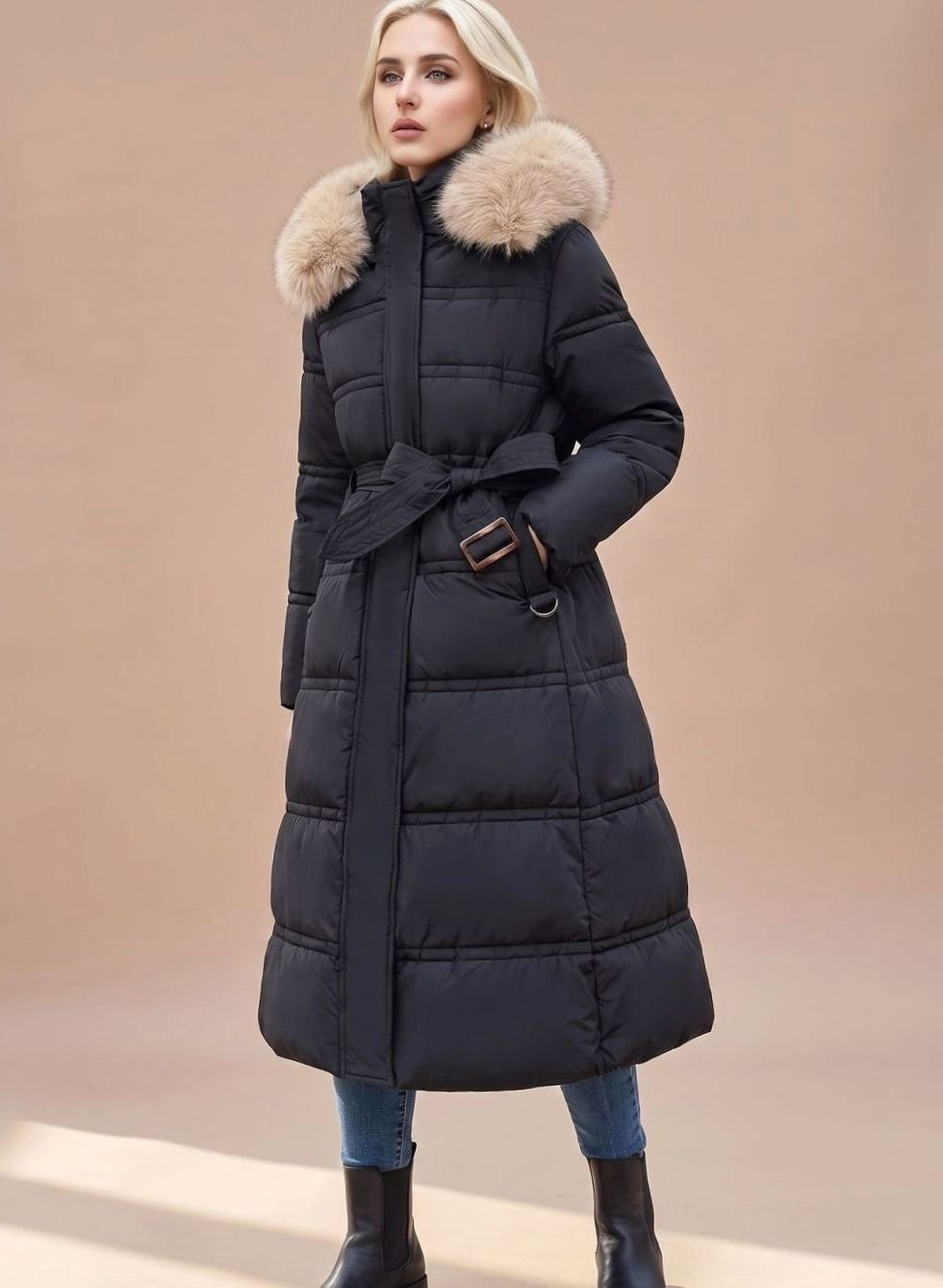 Women's Longline Padded Coat Quilted Faux Fur Hood - Black with Beige Collar