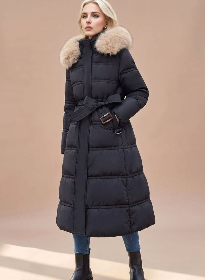 Women's Longline Padded Coat Quilted Faux Fur Hood - Black with Beige Collar