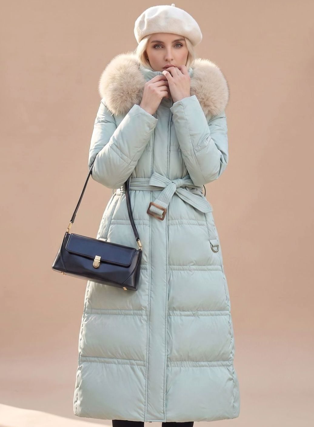 Women's Longline Padded Coat Quilted Faux Fur Hood - Blue with Beige Collar