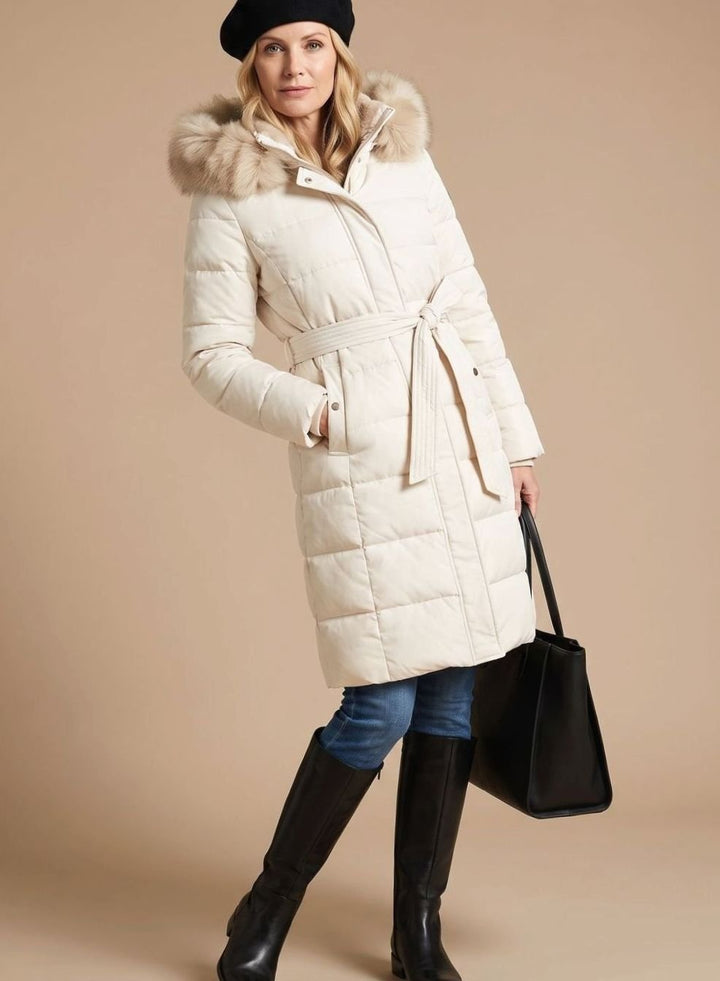 Women's Longline Padded Coat Quilted Faux Fur Hood - White with Beige Collar