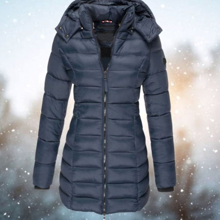 Women's Longline Quilted Hooded Puffer Coat - Navy Blue