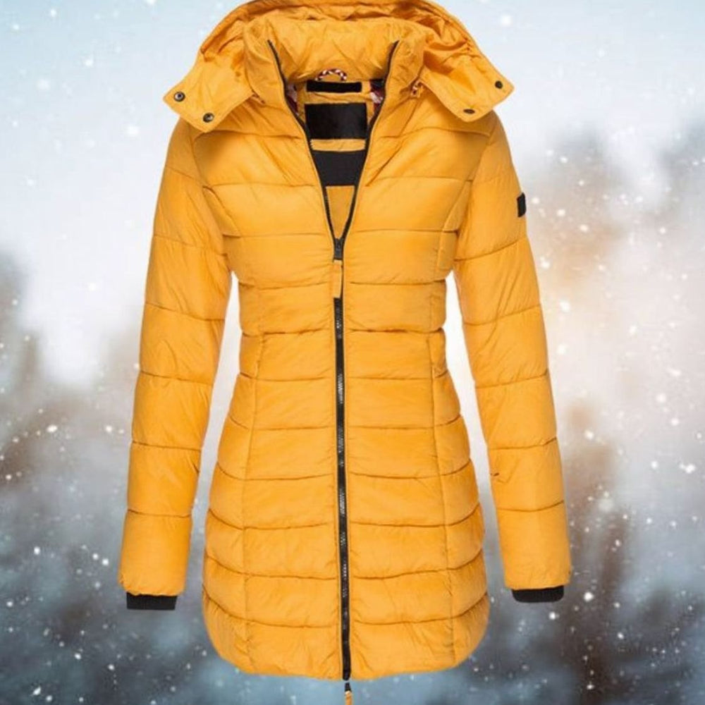 Women's Longline Quilted Hooded Puffer Coat - Yellow