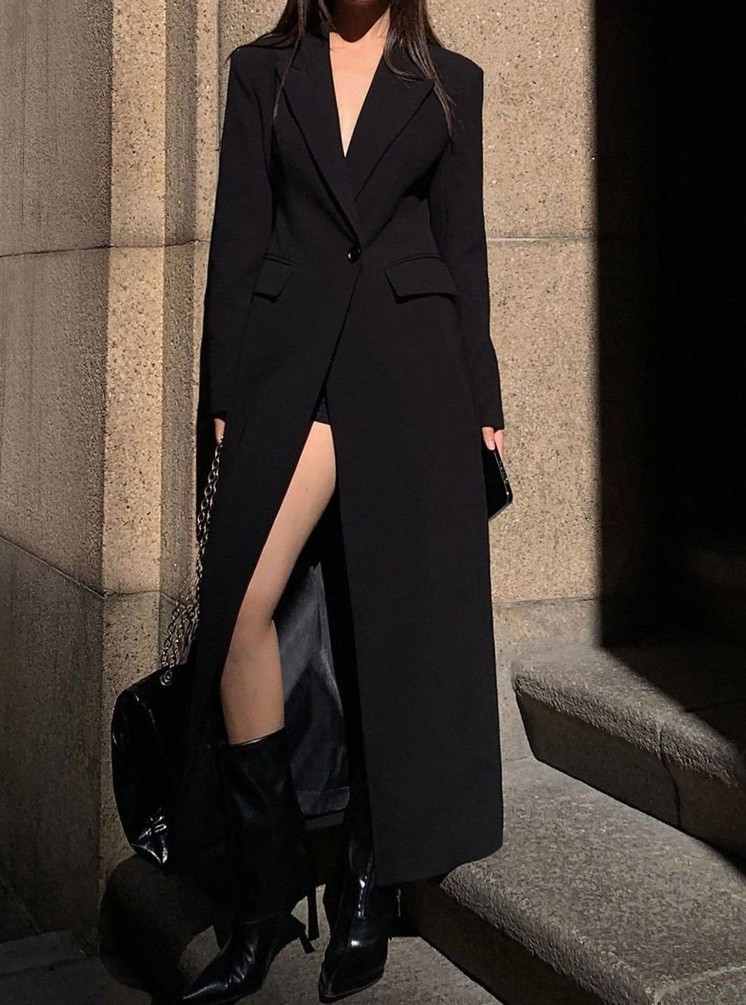 Women's Longline Single-Button Trench Coat High-Slit Hem