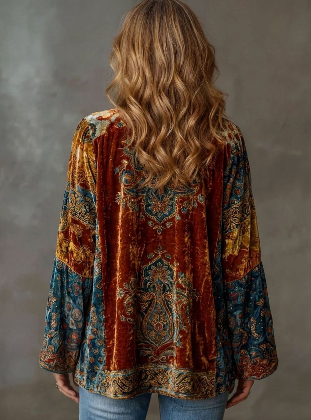 Women's Loose Fit Boho Velvet Kimono Cardigan Jacket