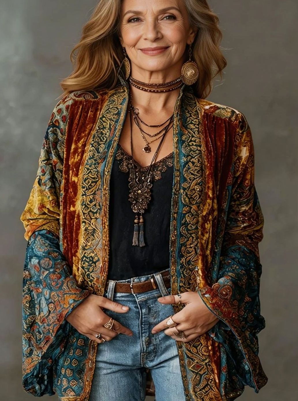 Women's Loose Fit Boho Velvet Kimono Cardigan Jacket