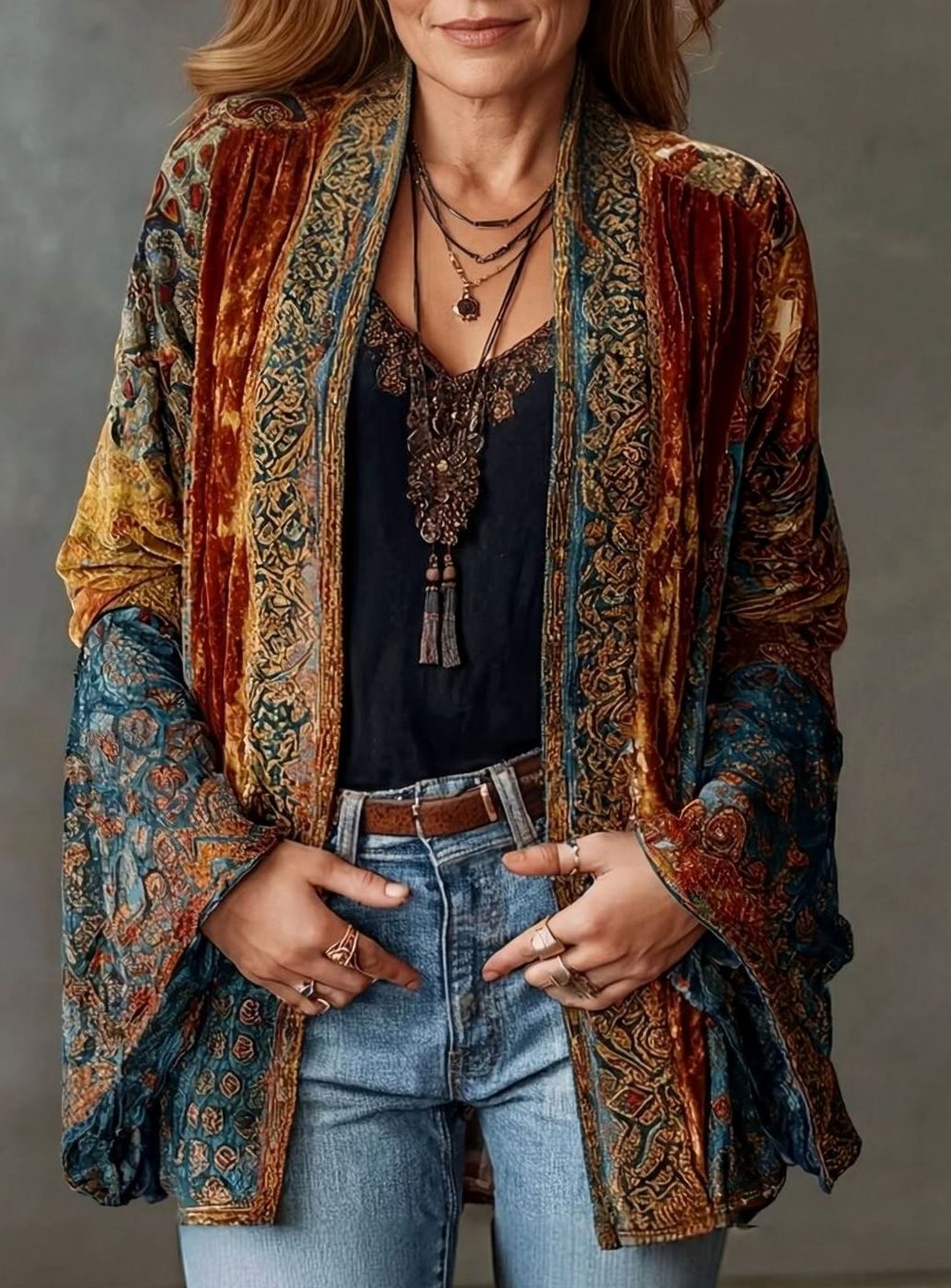 Women's Loose Fit Boho Velvet Kimono Cardigan Jacket
