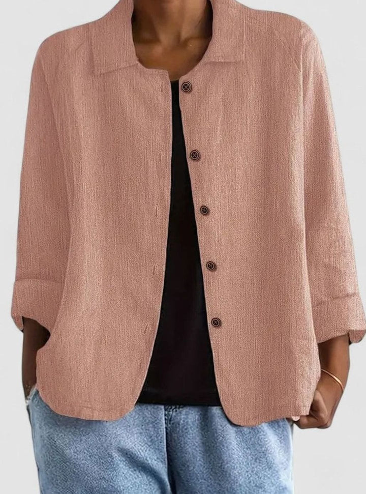 Women's Loose-Fit Button-Up Collared Linen-Look Jacket - Pink