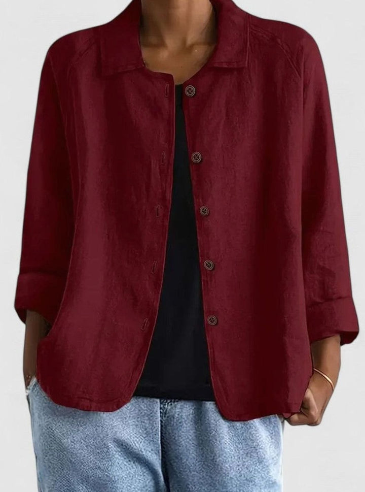 Women's Loose-Fit Button-Up Collared Linen-Look Jacket - Red