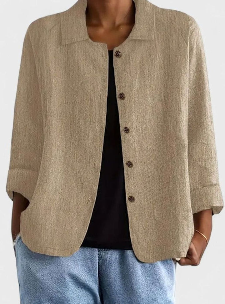 Women's Loose-Fit Button-Up Collared Linen-Look Jacket - Khaki